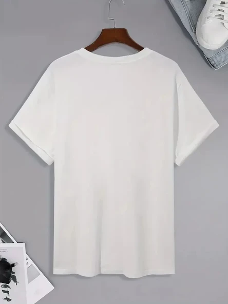 20/1 Penye Compack Palmiye Ön Baskılı Oversize Bisiklet Yaka Kısa Kol Yazlık T-shirt - Beyaz - Resim 5