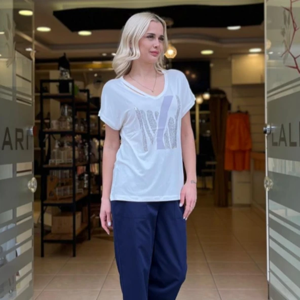 YAKA DETALI BSNLİ TAŞLITSHİRT - Resim 2