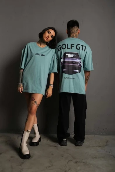 Erkek Sırt Golf Gtı Baskılı Oversize T-shirt - Mint Yeşili - Resim 5