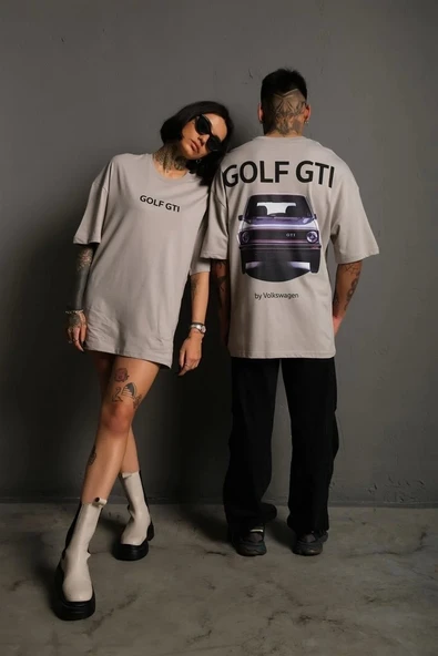 Erkek Sırt Golf Baskılı Oversize T-shirt - Gri - Resim 3