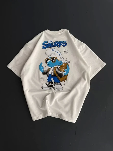 Ön ve Arka Baskılı Oversize Bisiklet Yaka T-shirt- Beyaz - Resim 2