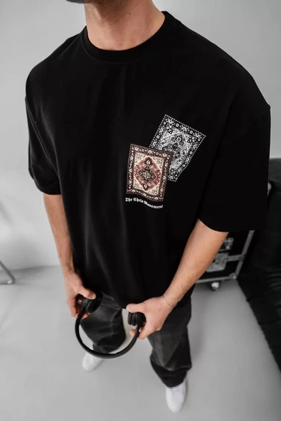 Erkek Baskılı Oversize T-shirt - Siyah - Resim 2