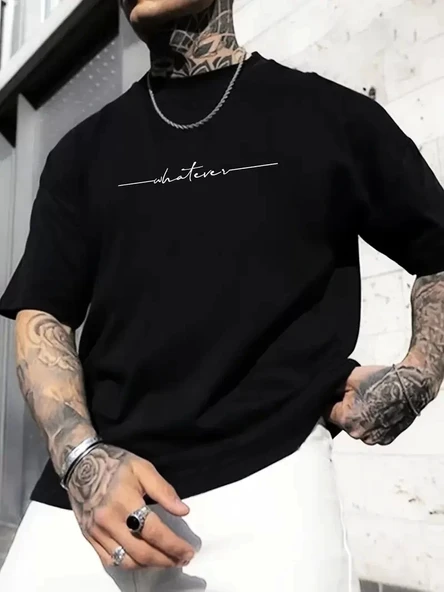 Büyük Beden Erkek "Whatever" Baskılı Tişört, Oversize Erkekler İçin Yaz Modası Kısa Kollu Tişörtler - Siyah ürün görseli