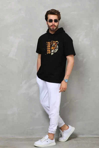 Unisex Kapşonlu Kısa Kol Oversize Baskılı T-Shirt - Siyah - 1