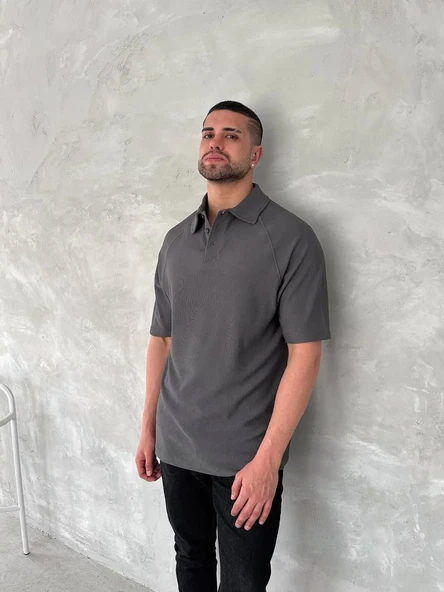 Yakalı Patlı Kısa Kol T-shirt - Antrasit - Resim 4