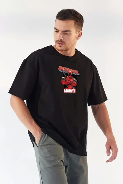 Unisex Bisiklet Yaka Baskılı Oversize T-Shirt - Siyah ürün görseli