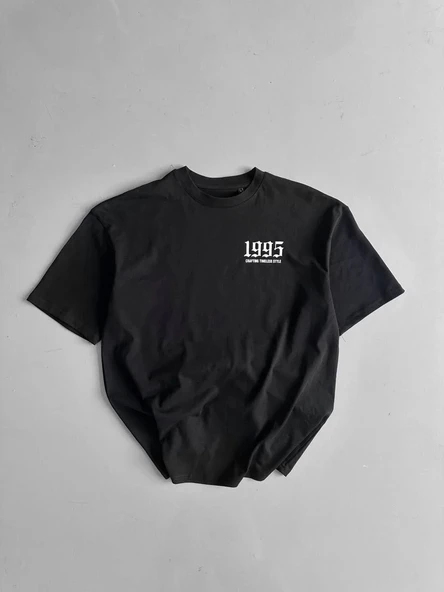 20/1 Penye Compack Baskılı Oversize Bisiklet Yaka Kısa Kol Yazlık T-shirt - Siyah - 1