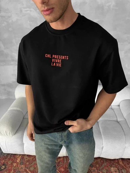 Ön ve Arka Baskılı Oversize Bisiklet Yaka T-shirt- Siyah ürün görseli