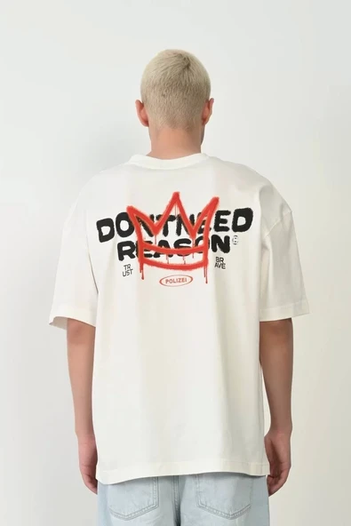 Unisex Bisiklet Yaka Baskılı Oversize T-Shirt - Beyaz - Resim 3