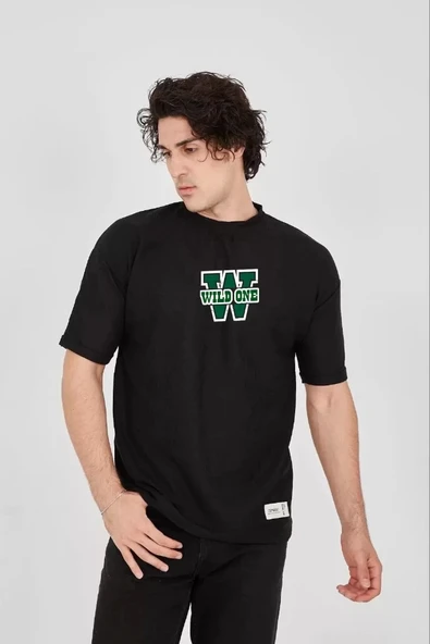 Unisex Waffle Kumaş Çift Katlamalı Kol Baskılı T-Shirt - Siyah ürün görseli