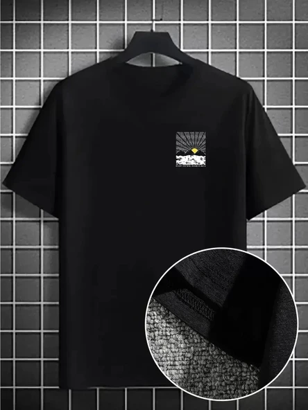 Erkek Dağ Grafikli Tişört, Yaz için Büyük Beden Rahat T-shirt - Siyah ürün görseli