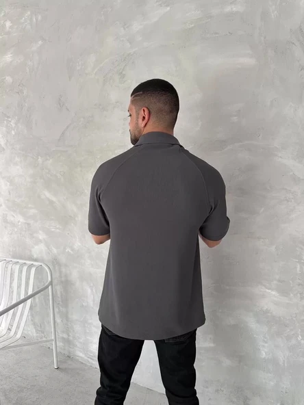 Yakalı Patlı Kısa Kol T-shirt - Antrasit - Resim 6