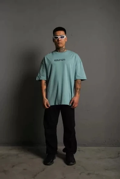 Erkek Sırt Golf Gtı Baskılı Oversize T-shirt - Mint Yeşili - Resim 6