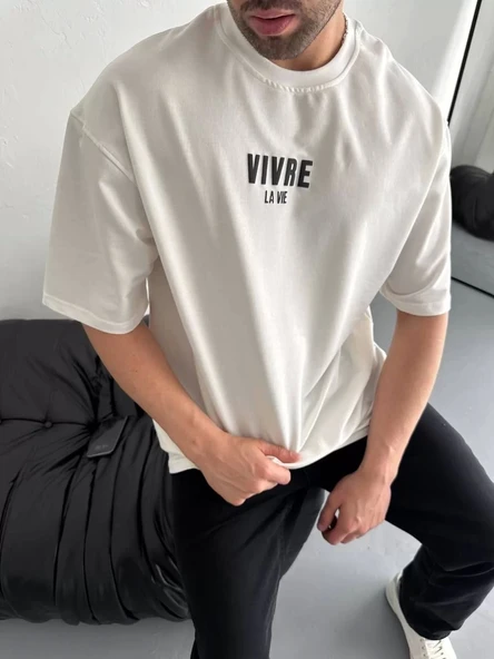 Baskılı Oversize Bisiklet Yaka T-shirt - Beyaz - Resim 6