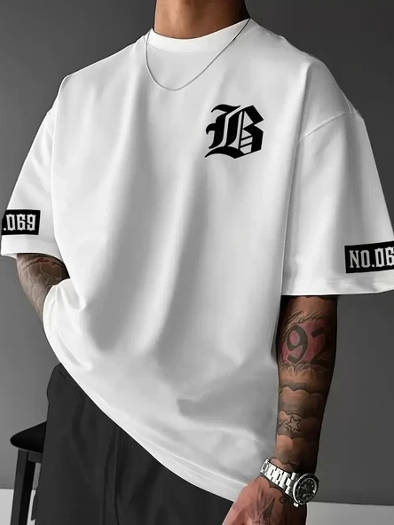 LB Baskılı Ön Arka Oversize Bisiklet Yaka Kısa Kol T-shirt - Beyaz ürün görseli