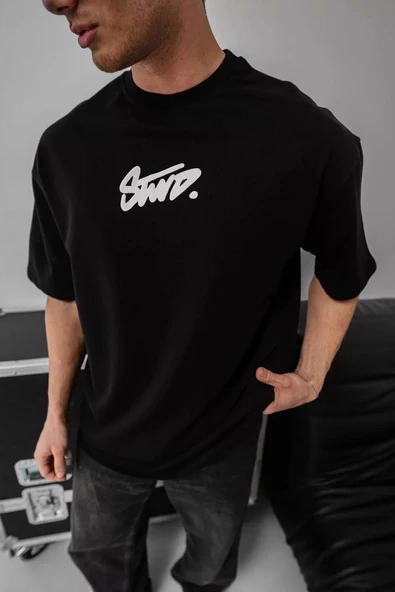 Erkek Baskılı Oversize T-shirt - Siyah - Resim 3