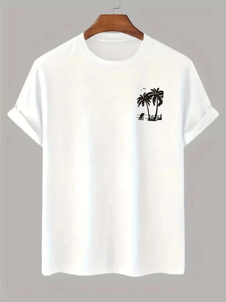 20/1 Penye Compack Palmiye Ön Baskılı Oversize Bisiklet Yaka Kısa Kol Yazlık T-shirt - Beyaz ürün görseli