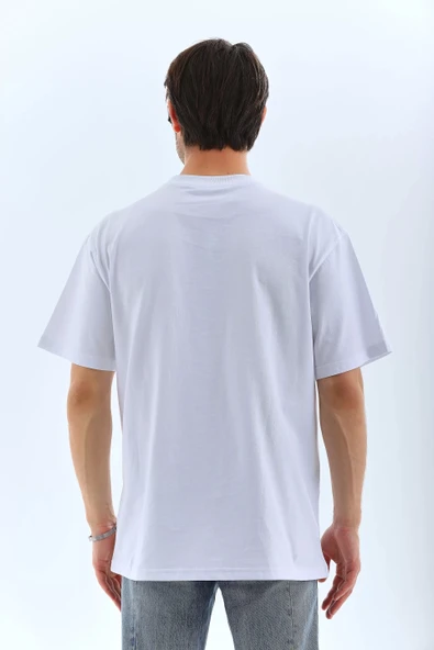 Unisex Oversize Taşlı Bisiklet Yaka T-Shirt - Beyaz - Resim 2