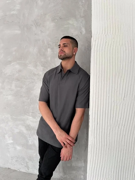 Yakalı Patlı Kısa Kol T-shirt - Antrasit - Resim 5