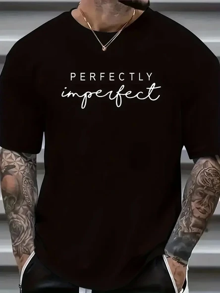 erkekler için Ön Arka Baskılı PERFECTLY günlük Kısa Kol tişört - Siyah ürün görseli