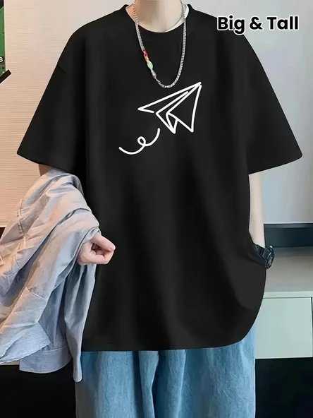 20/1 Penye Compack Uçak Baskılı Oversize Bisiklet Yaka Kısa Kol T-shirt - Siyah ürün görseli