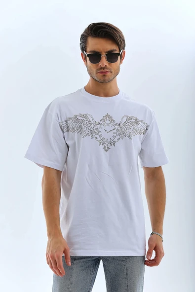 Unisex Oversize Taşlı Bisiklet Yaka T-Shirt - Beyaz - Resim 7