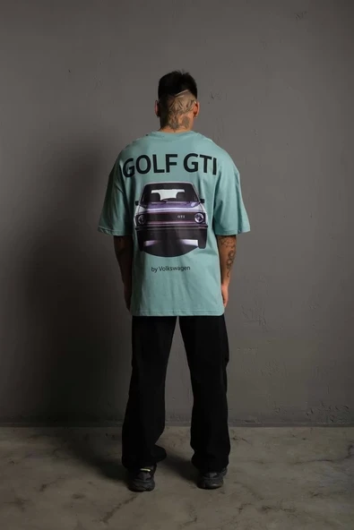 Erkek Sırt Golf Gtı Baskılı Oversize T-shirt - Mint Yeşili - Resim 7