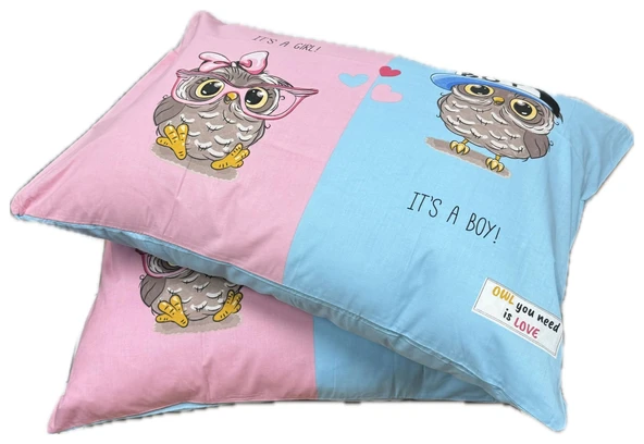 Clasy Ranforce %100 Pamuk 2 Adet Yastık Kılıfı Genç/Çocuk Baykuş Desenli Pembe-Mavi - 2