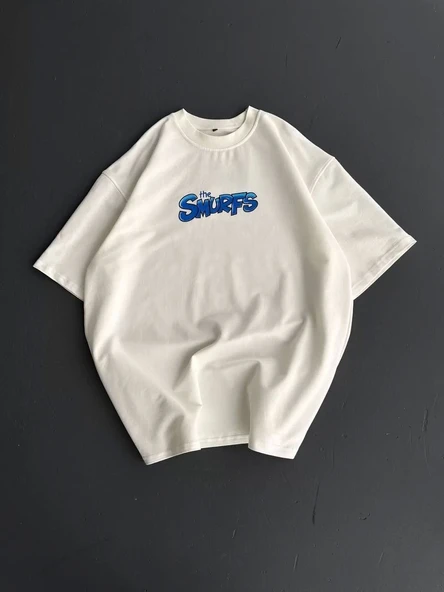 Ön ve Arka Baskılı Oversize Bisiklet Yaka T-shirt- Beyaz ürün görseli