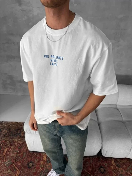 Ön ve Arka Baskılı Oversize Bisiklet Yaka T-shirt- Beyaz - Resim 3