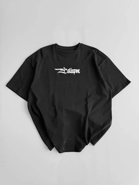 20/1 Penye Compack Unisex Baskılı Oversize Bisiklet Yaka Kısa Kol Yazlık T-shirt - Siyah - 1