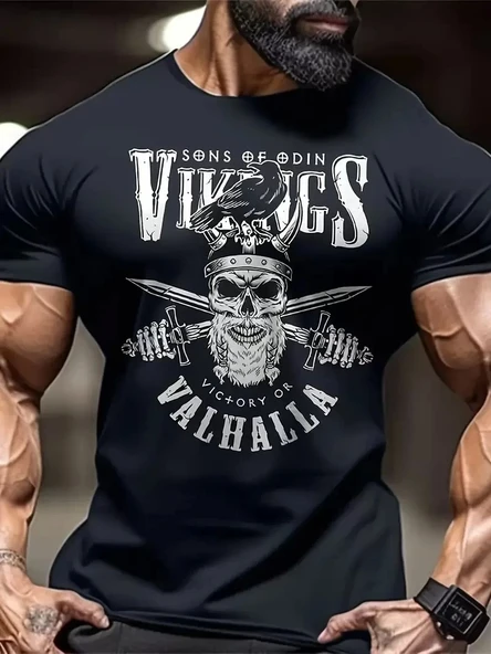 20/1 Penye Compack Vikings Valhalla Baskılı Oversize Bisiklet Yaka T-shirt - Siyah ürün görseli