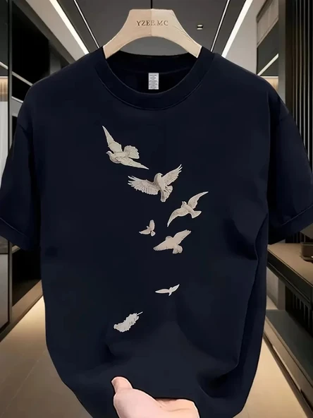 20/1 Penye Compack Özgür kuşlar Baskılı Baskılı Oversize Bisiklet Yaka T-shirt - Beyaz ürün görseli