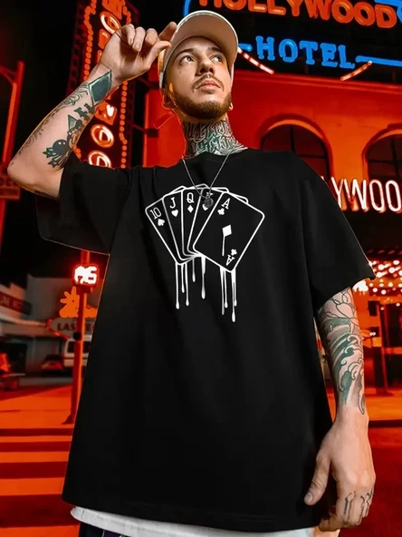 erkek büyük beden Kart baskılı düz renk kısa kollu bisiklet yaka tişört gündelik giyim - Siyah ürün görseli