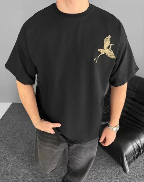 Ön ve Arka Baskılı Oversize Bisiklet Yaka T-shirt - Siyah - Resim 2