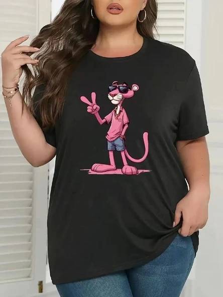 20/1 Penye Compack Pembe Panter Baskılı Oversize Bisiklet Yaka Kısa Kol Yazlık T-shirt - Beyaz ürün görseli