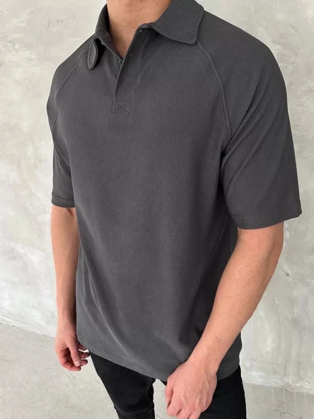 Yakalı Patlı Kısa Kol T-shirt - Antrasit - Resim 3