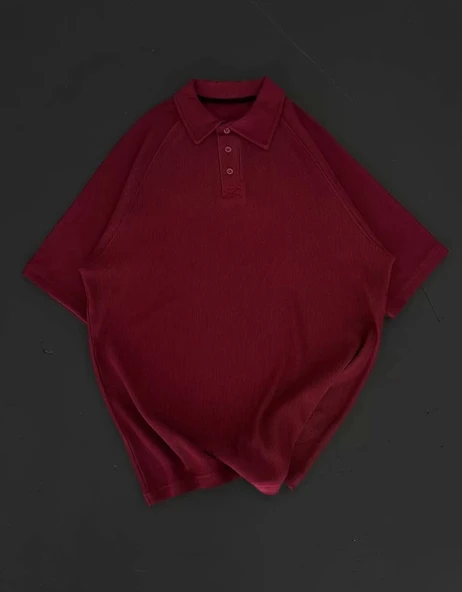 Yakalı Patlı Kısa Kol T-shirt - Bordo - Resim 2