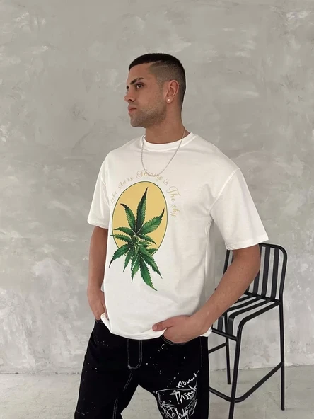 Ön ve Arka Baskılı Oversize Bisiklet Yaka T-shirt- Beyaz - Resim 2