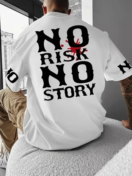 No Risk No Story Baskılı Oversize Bisiklet Yaka T-shirt - Beyaz ürün görseli