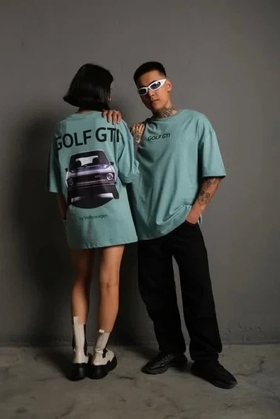 Erkek Sırt Golf Gtı Baskılı Oversize T-shirt - Mint Yeşili - Resim 3