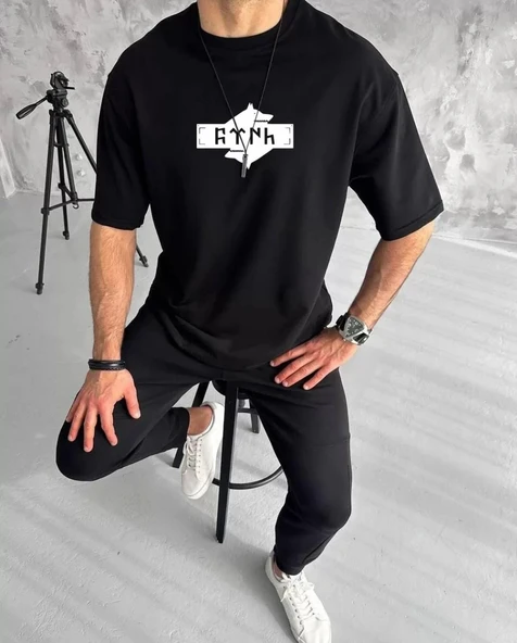 Unisex Bisiklet Yaka Baskılı Double Oversize T-Shirt - Siyah - 1