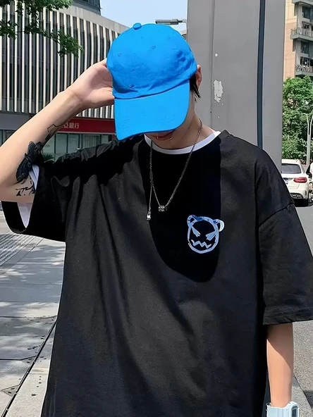 20/1 Penye Compack Bisiklet Yaka Kore tarzı sevimli ayı baskı Kısa Kol Erkek t-shirt - Siyah - Resim 3