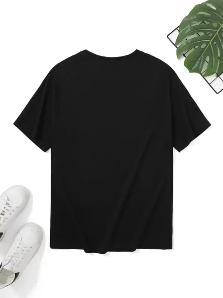 20/1 Penye Compack Palmiye Ön Baskılı Oversize Bisiklet Yaka Kısa Kol Yazlık T-shirt - Siyah - Resim 3