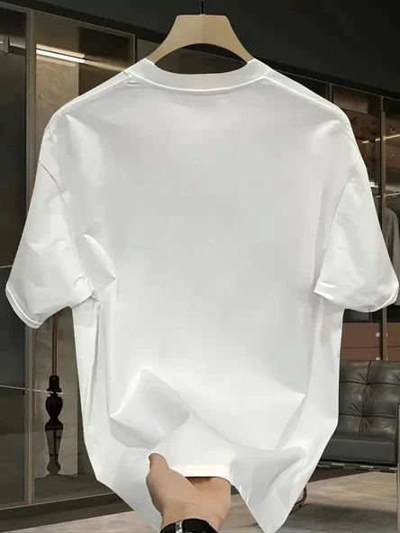 Pembe Panter Baskılı Erkek Oversize Günlük Kısa Kollu Tişört İlkbahar ve Yaz için Mükemmeldir - Beyaz - Resim 2