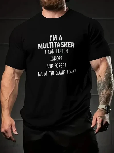 Erkekler İçin Tişörtler, Komik 'Multitasker' Baskılı Tişört, Yaz İlkbahar Sonbahar İçin Günlük Kısa Kollu Oversize Tişör ürün görseli