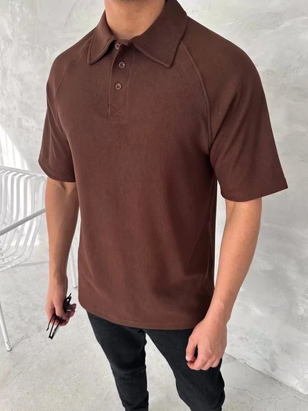 Yakalı Patlı Kısa Kol T-shirt - Kahverengi - Resim 4