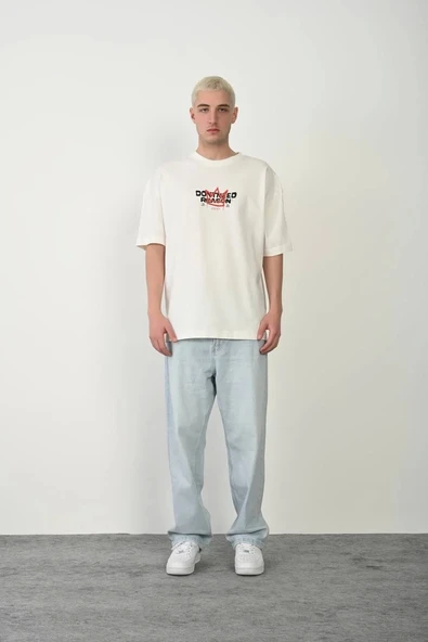 Unisex Bisiklet Yaka Baskılı Oversize T-Shirt - Beyaz ürün görseli