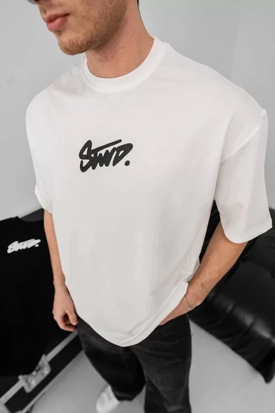 Erkek Baskılı Oversize T-shirt - Beyaz - Resim 5