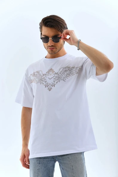 Unisex Oversize Taşlı Bisiklet Yaka T-Shirt - Beyaz - Resim 5